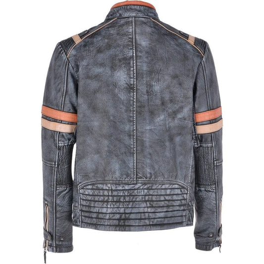 Men Vintage Blue Leather Biker Jacket 