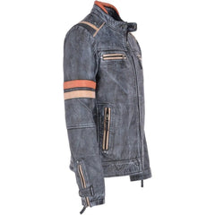 Men Vintage Blue Leather Biker Jacket 