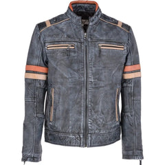 Men Vintage Blue Leather Biker Jacket 