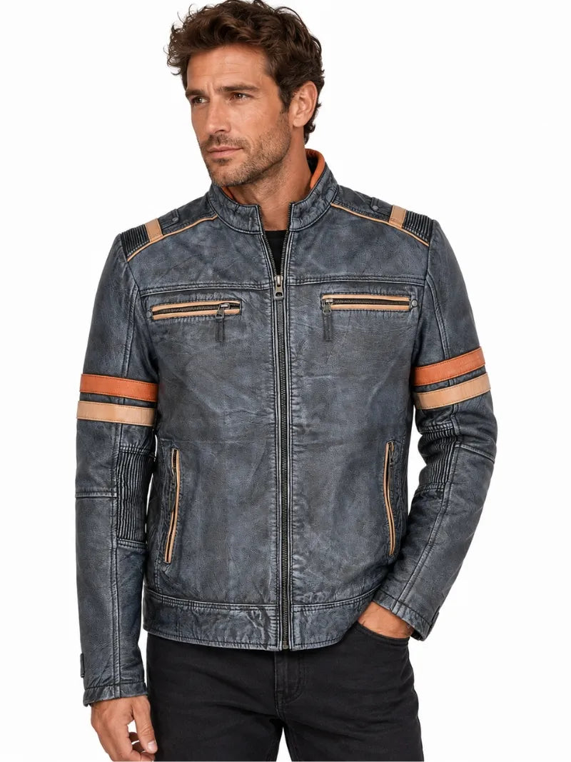 Men's Vintage Blue Leather Jacket, closure detail