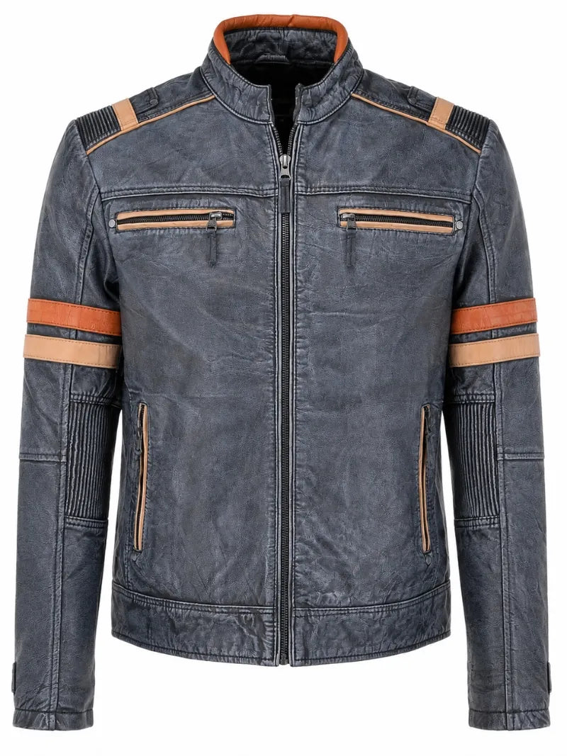 Men's Vintage Blue Leather Jacket, front view