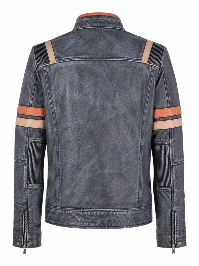 Men's Vintage Blue Leather Jacket, collar detail
