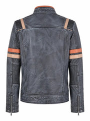 Men's Vintage Blue Leather Jacket, collar detail