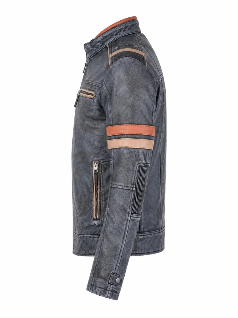 Men's Vintage Blue Leather Jacket, side view