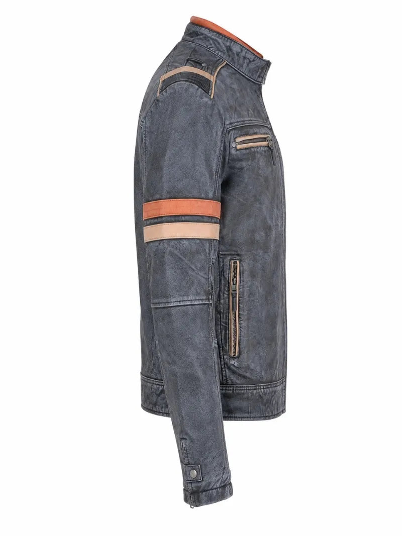 Men's Vintage Blue Leather Jacket, back view
