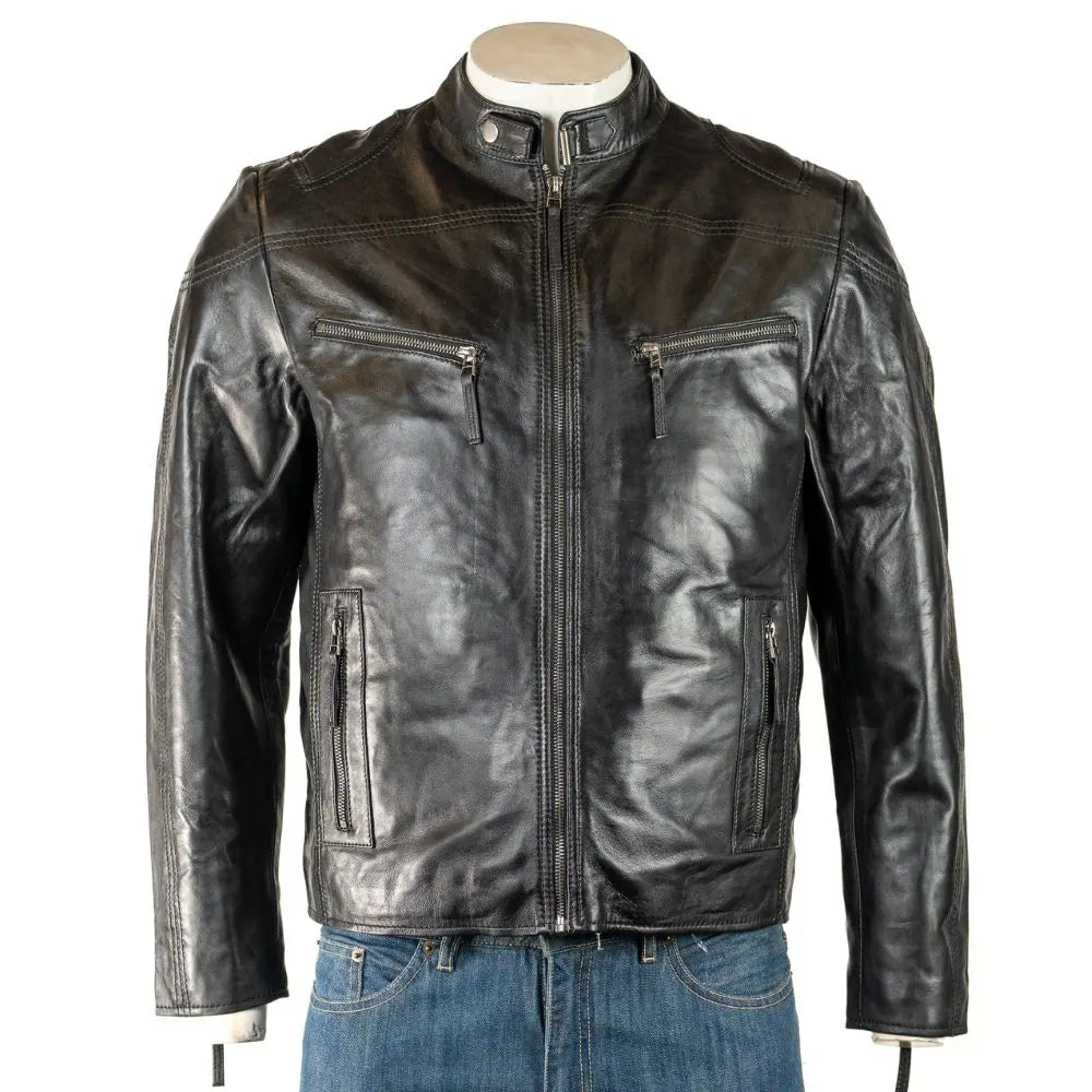 Men Vintage Stitch detail Biker Style Leather Jacket