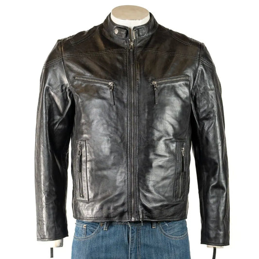 Men Vintage Stitch detail Biker Style Leather Jacket