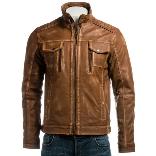 Men YKK Zip Tan Vintage Biker Style Leather Jacket