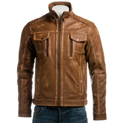 Men YKK Zip Tan Vintage Biker Style Leather Jacket