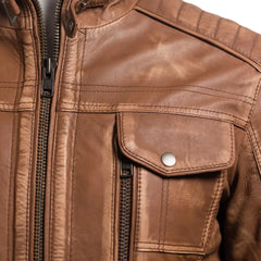 Men YKK Zip Tan Vintage Biker Style Leather Jacket