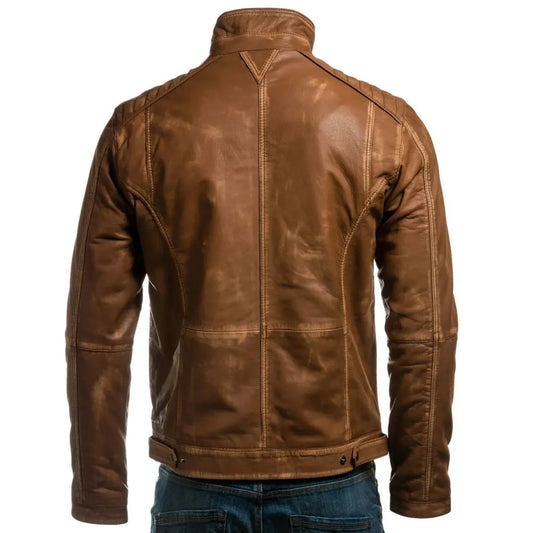 Men YKK Zip Tan Vintage Biker Style Leather Jacket