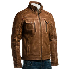 Men YKK Zip Tan Vintage Biker Style Leather Jacket