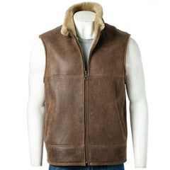 Men Antique Genuine Leather Shearling Vest 