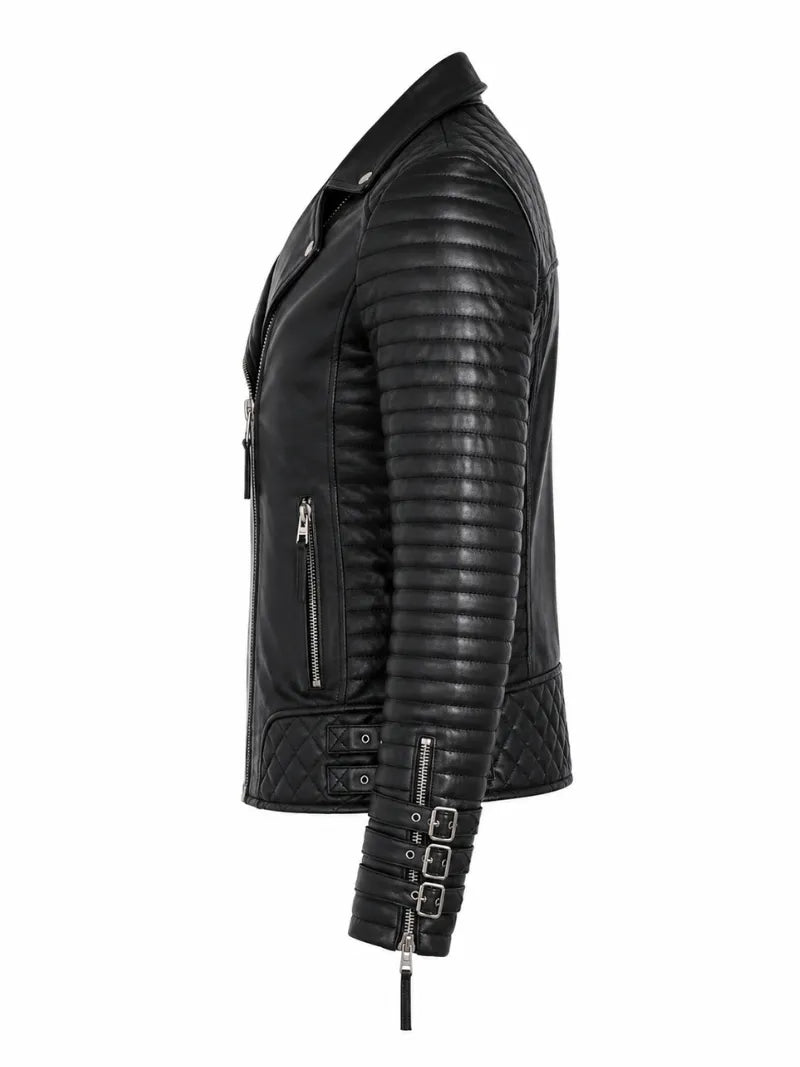Men's Black Asymmetric Designer Style Leather Jacket, side view