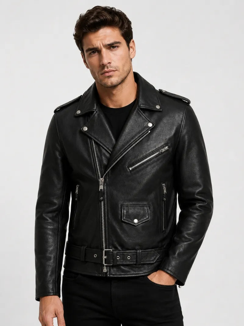 Men's Black Leather Biker Jacket with Snap-Tab Collar, closure detail