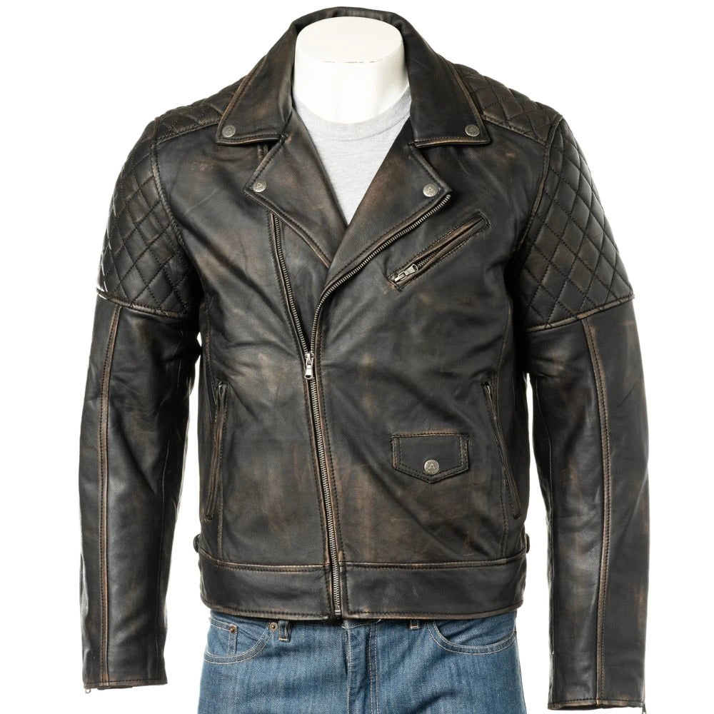 Men Black Vintage Look Biker Style Leather Jacket