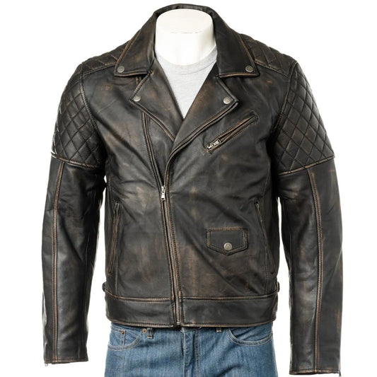 Men Black Vintage Look Biker Style Leather Jacket