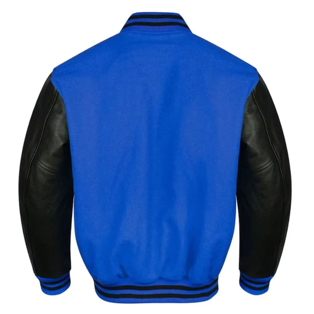 Men Blue Black Leather Sleeves Baseball Jacket