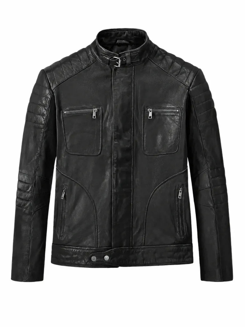 Men Classic Black Quilted Leather Jacket Front 