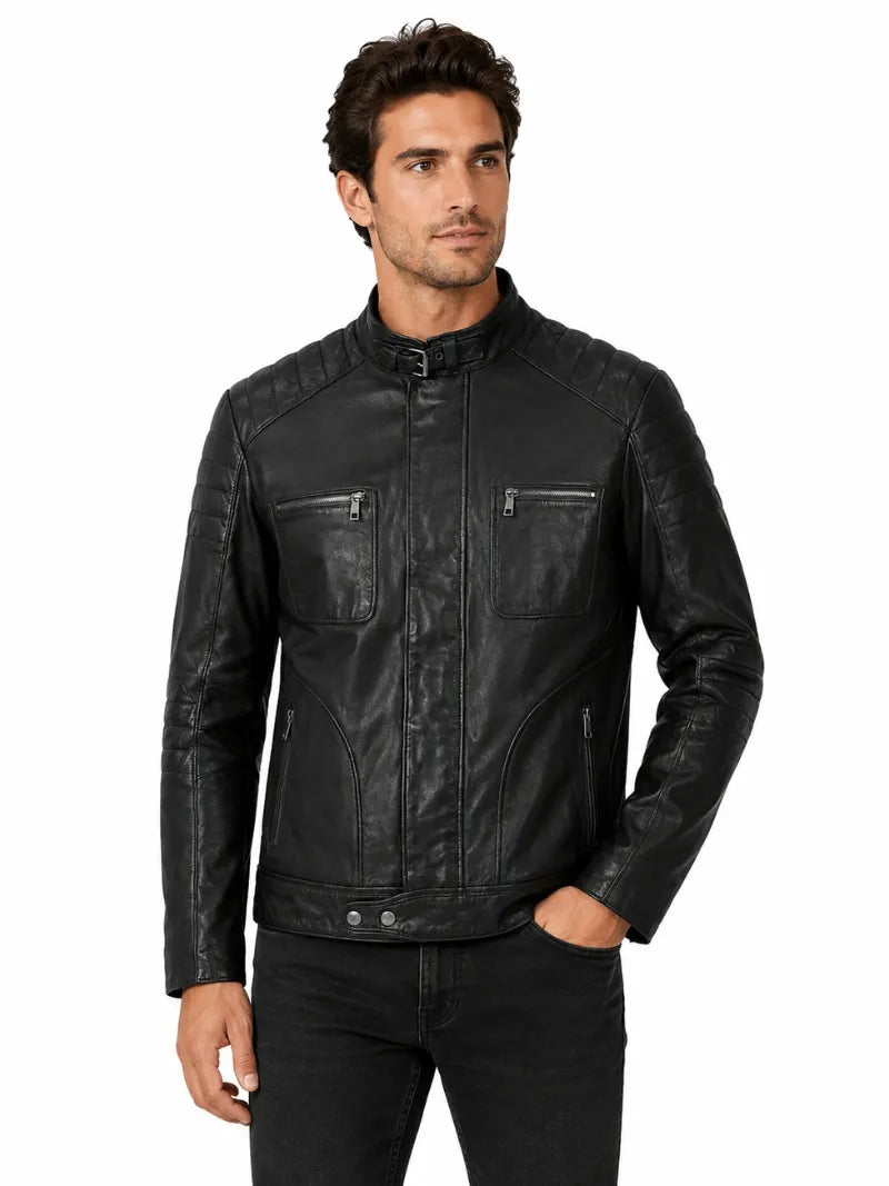 Men Classic Black Quilted Leather Jacket Full