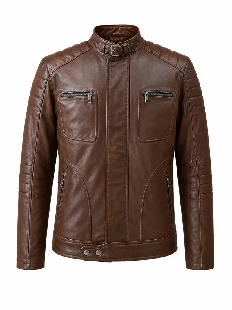 Men Classic Brown Quilted Leather Jacket Front 
