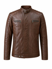 Men Classic Brown Quilted Leather Jacket Front 