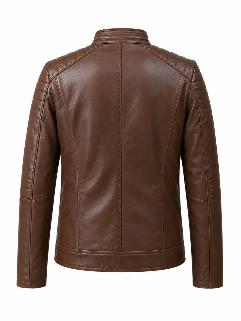 Men Classic Brown Quilted Leather Jacket Back 