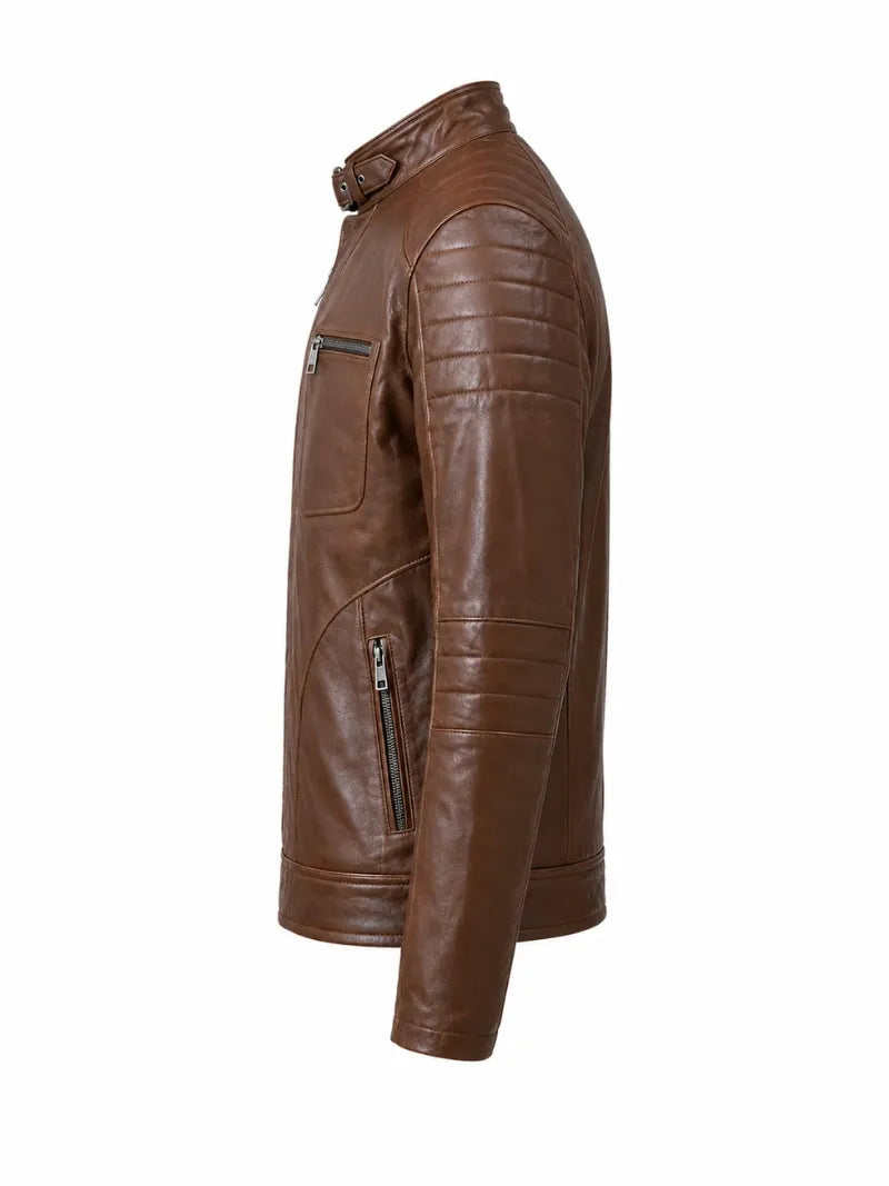 Men Classic Brown Quilted Leather Jacket Left 