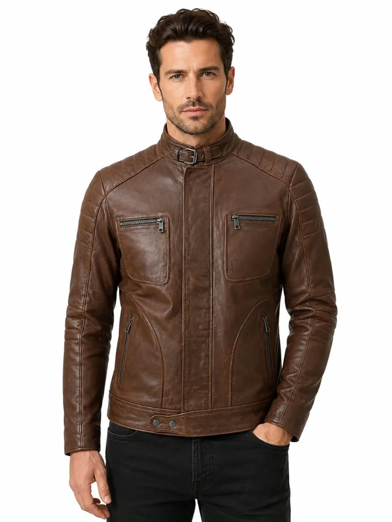 Men Classic Brown Quilted Leather Jacket Full