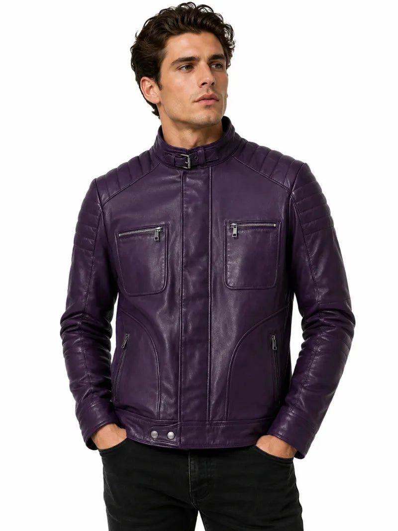 Men Classic Purple Quilted Leather Jacket Full