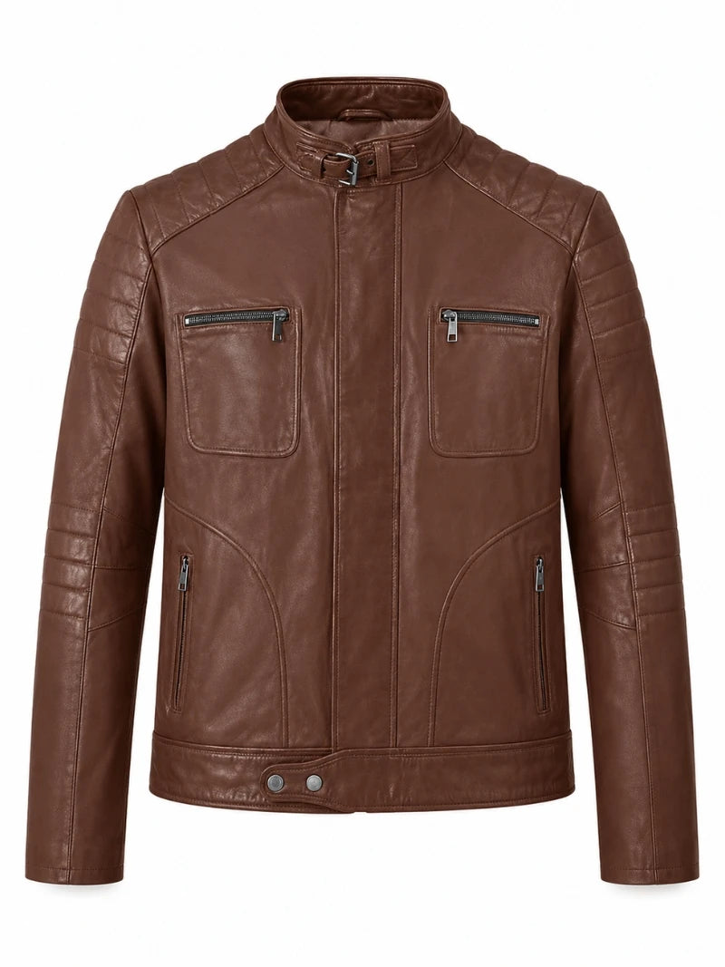 Men Classic Tan Quilted Leather Jacket Front 