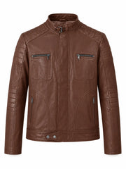 Men Classic Tan Quilted Leather Jacket Front 
