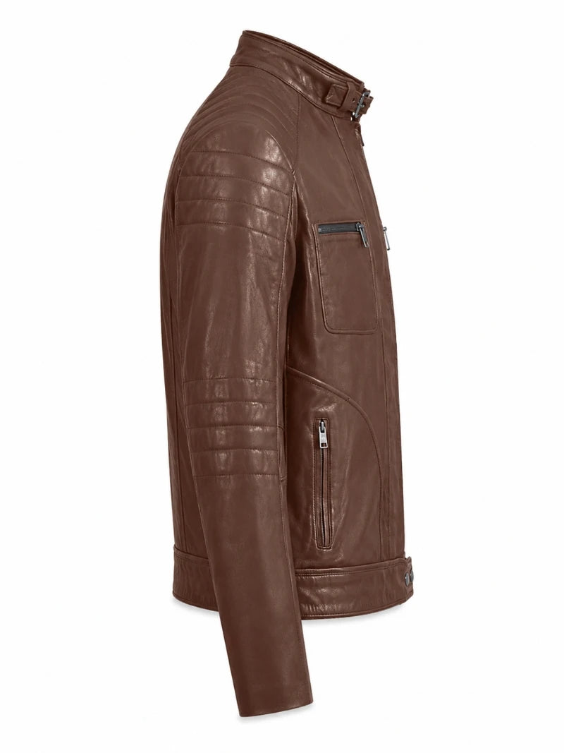 Men Classic Tan Quilted Leather Jacket Right
