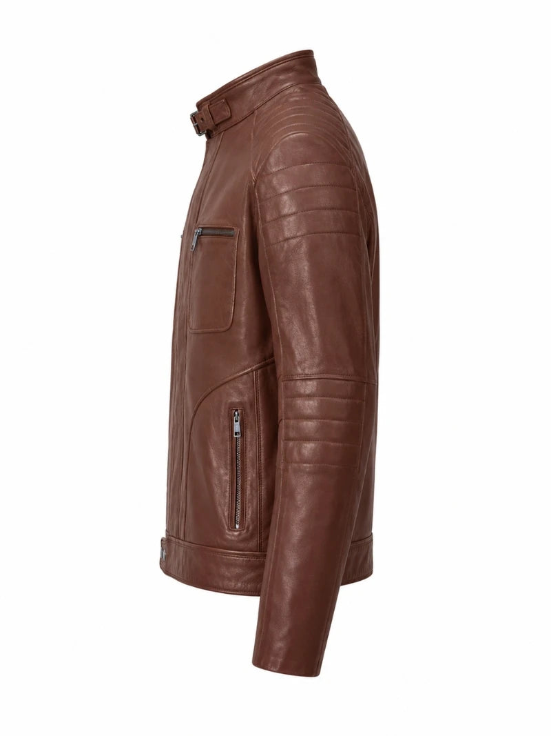 Men Classic Tan Quilted Leather Jacket Left 