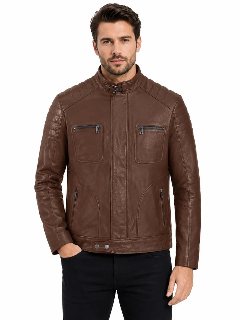 Men Classic Tan Quilted Leather Jacket Full