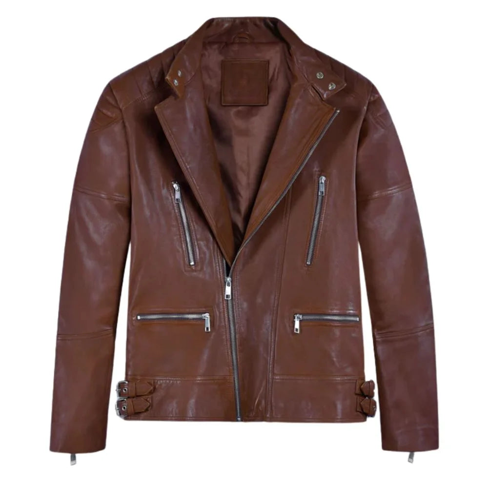 Men’s Asymmetrical Tan Leather Jacket