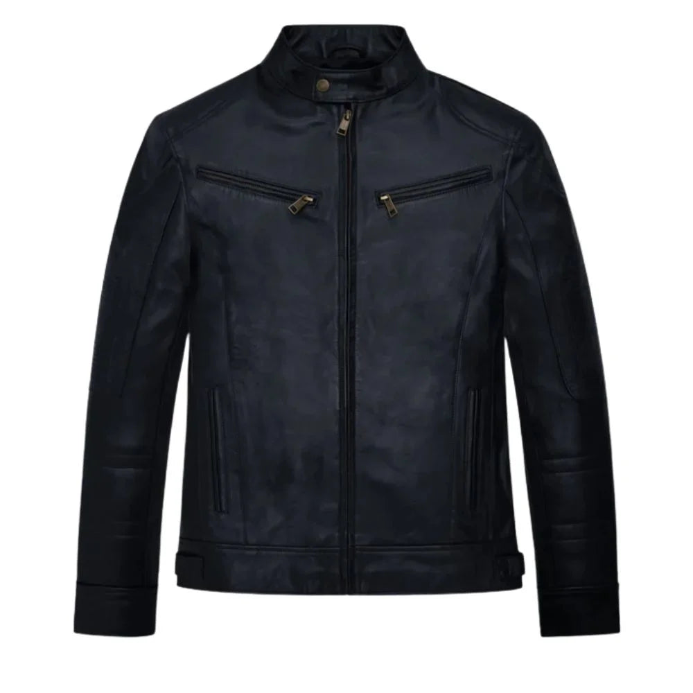 Men's Black Leather Zip Chest-Pocket Jacket