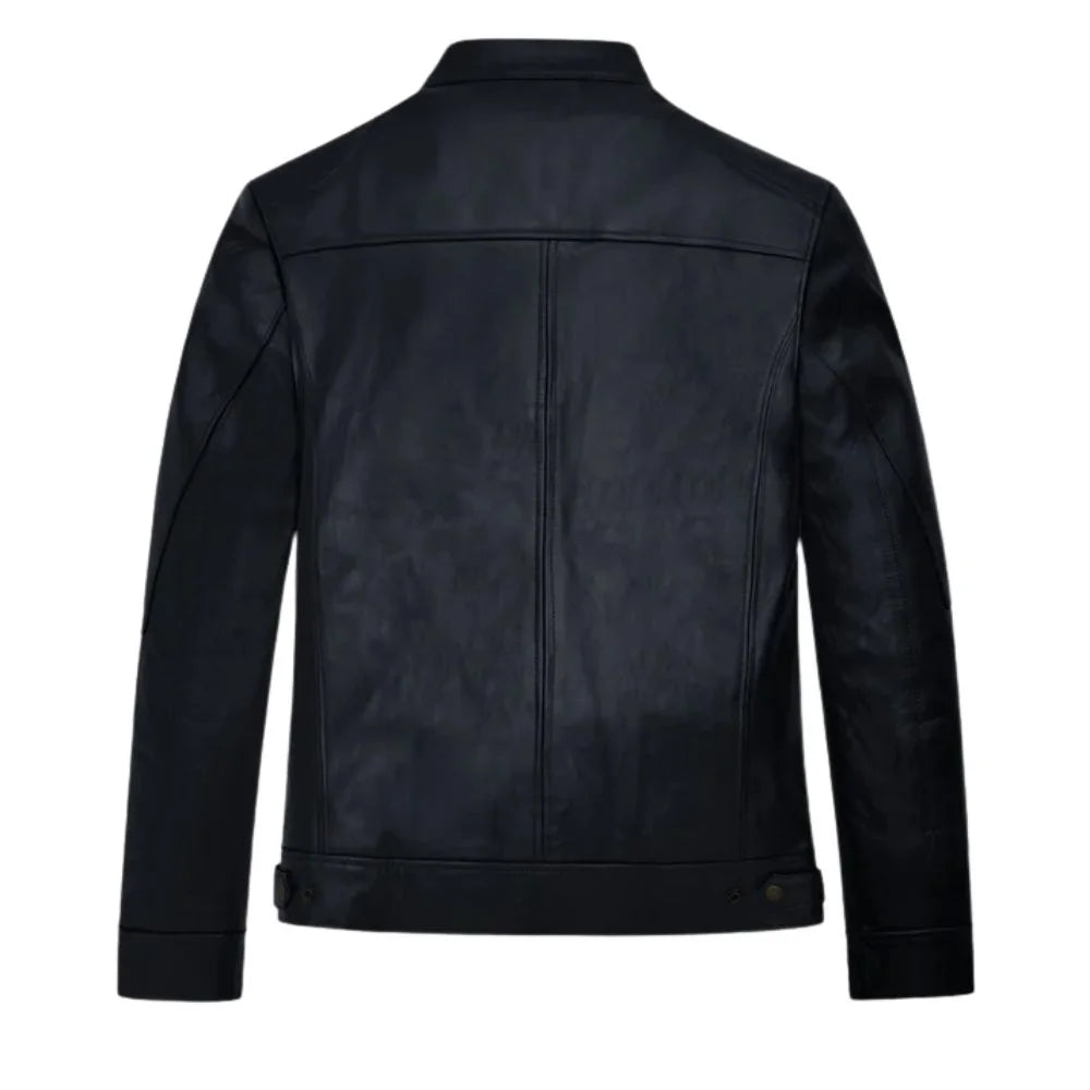 Men's Black Leather Zip Chest-Pocket Jacket