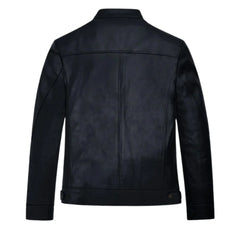 Men's Black Leather Zip Chest-Pocket Jacket