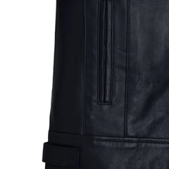Men's Black Leather Zip Chest-Pocket Jacket