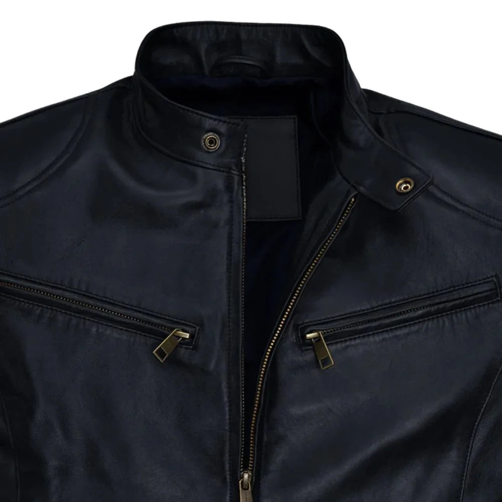 Men's Black Leather Zip Chest-Pocket Jacket