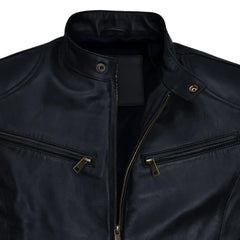 Men's Black Leather Zip Chest-Pocket Jacket