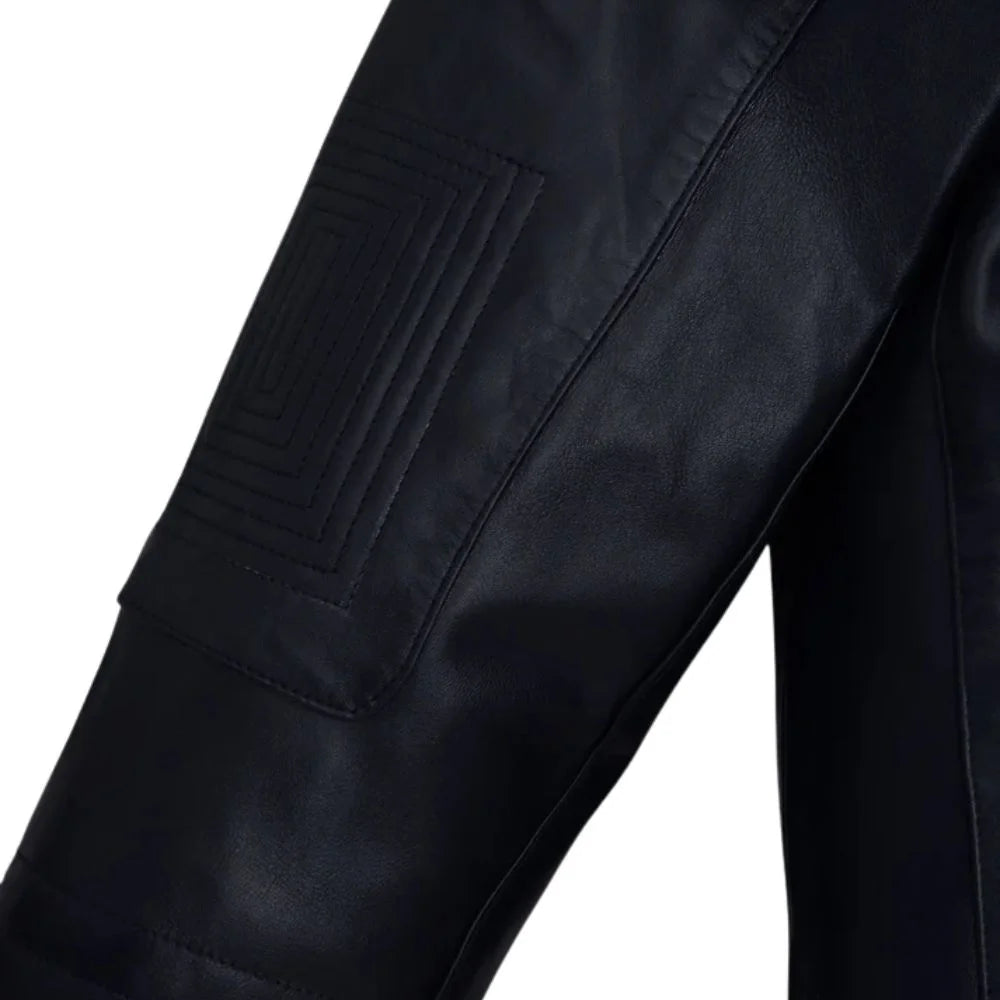 Men's Black Leather Zip Chest-Pocket Jacket