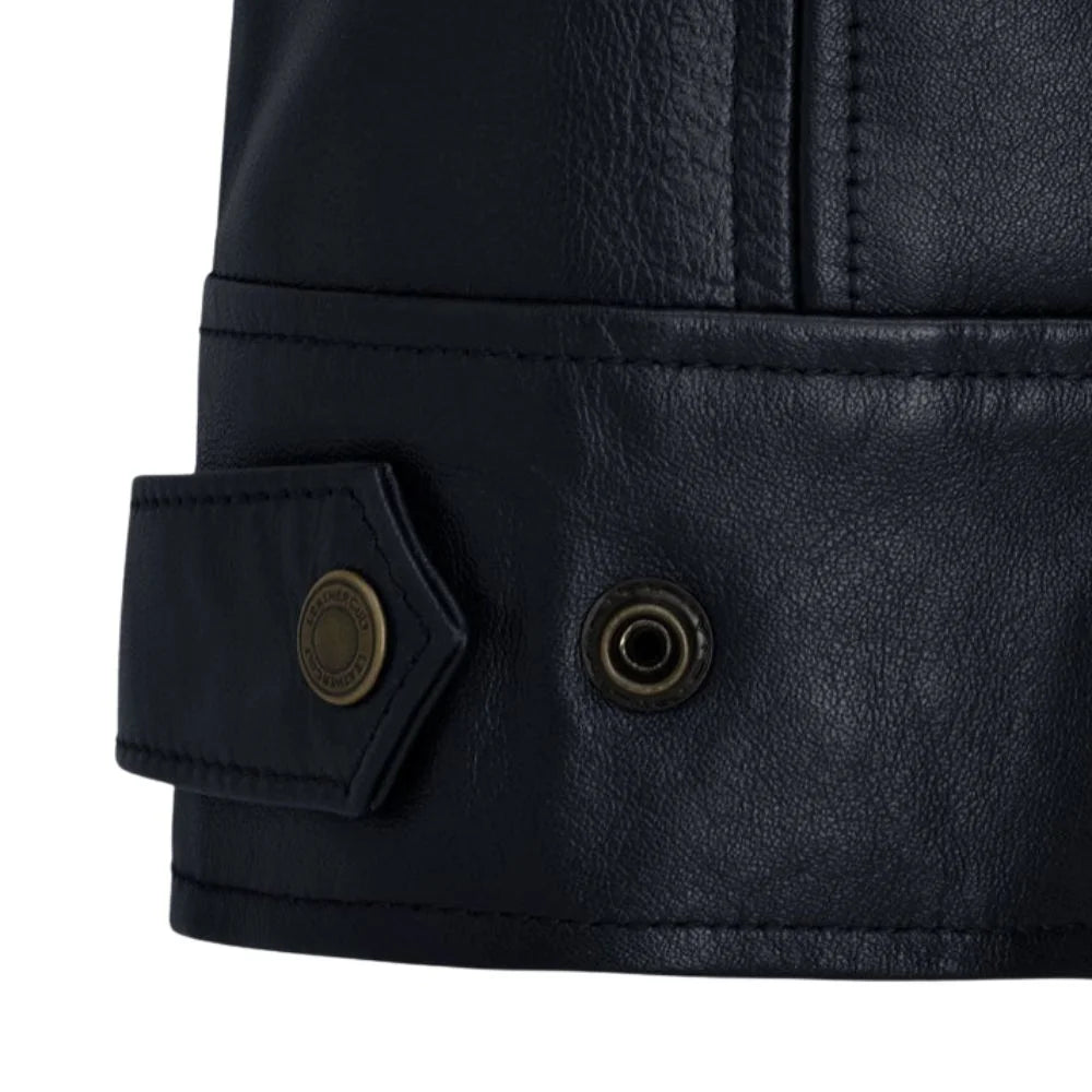 Men's Black Leather Zip Chest-Pocket Jacket