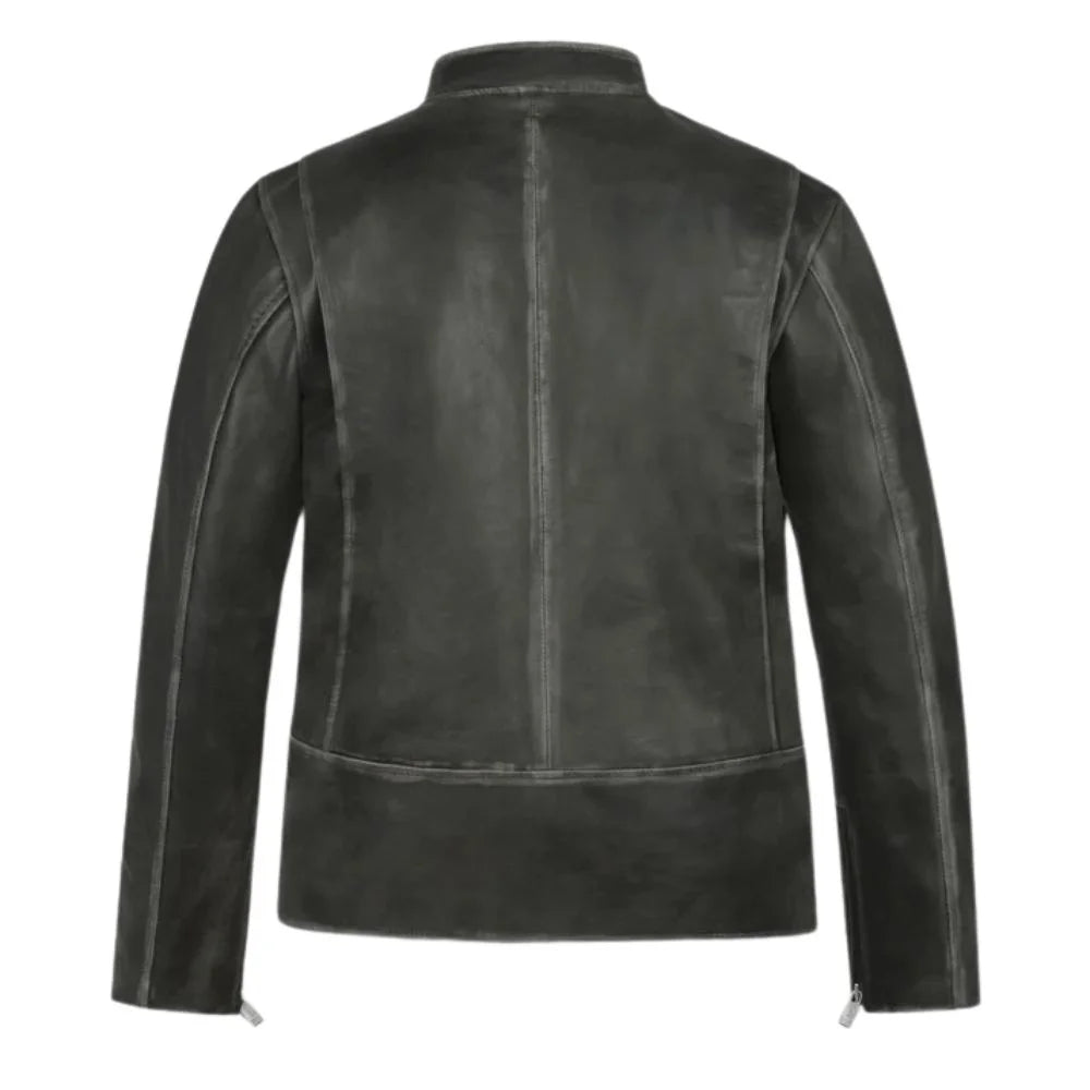 Dark Leather Collar-Tab Zippered Pocket Jacket