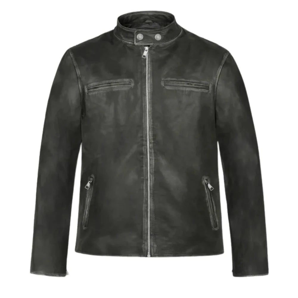 Dark Leather Collar-Tab Zippered Pocket Jacket
