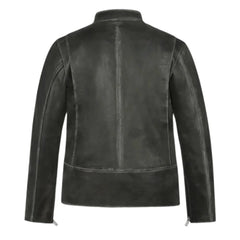 Dark Leather Collar-Tab Zippered Pocket Jacket