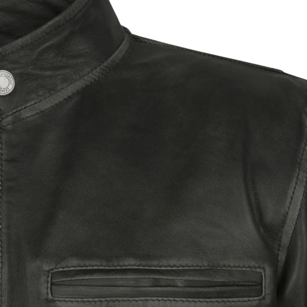 Dark Leather Collar-Tab Zippered Pocket Jacket