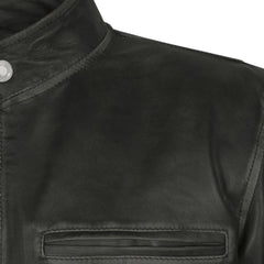 Dark Leather Collar-Tab Zippered Pocket Jacket