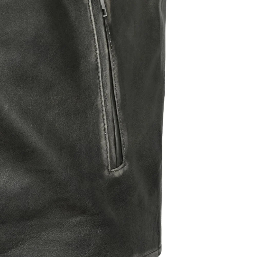 Dark Leather Collar-Tab Zippered Pocket Jacket